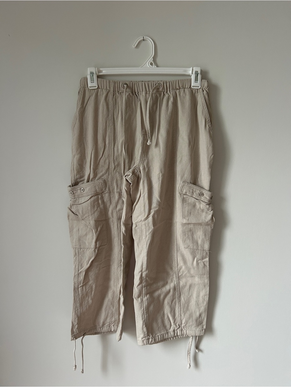 Women’s Neutral Cargo Capris with Drawstring Waist